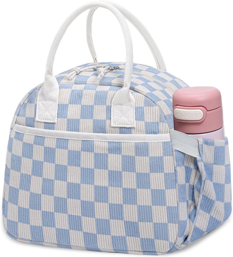 Carry bloom Lunch Box for Women, Insulated Lunch Bag Cute Corduroy Lunchbag Reusable Lunchbox for Work (checkered blue white) - Image 1